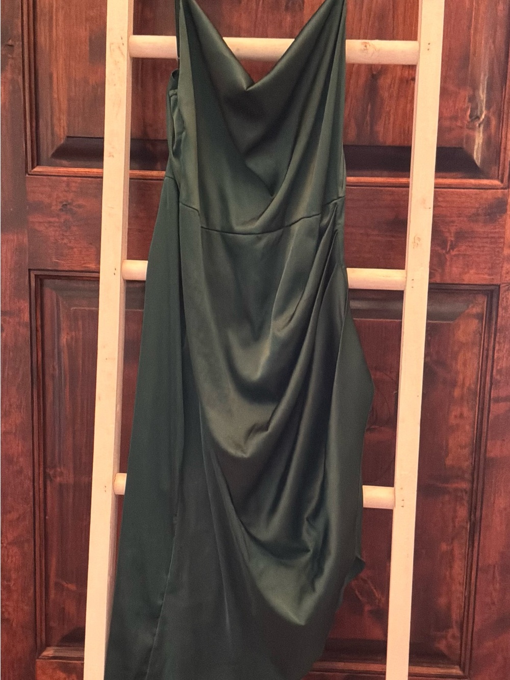 One-Shoulder Forest Green Satin Draped Evening Dress